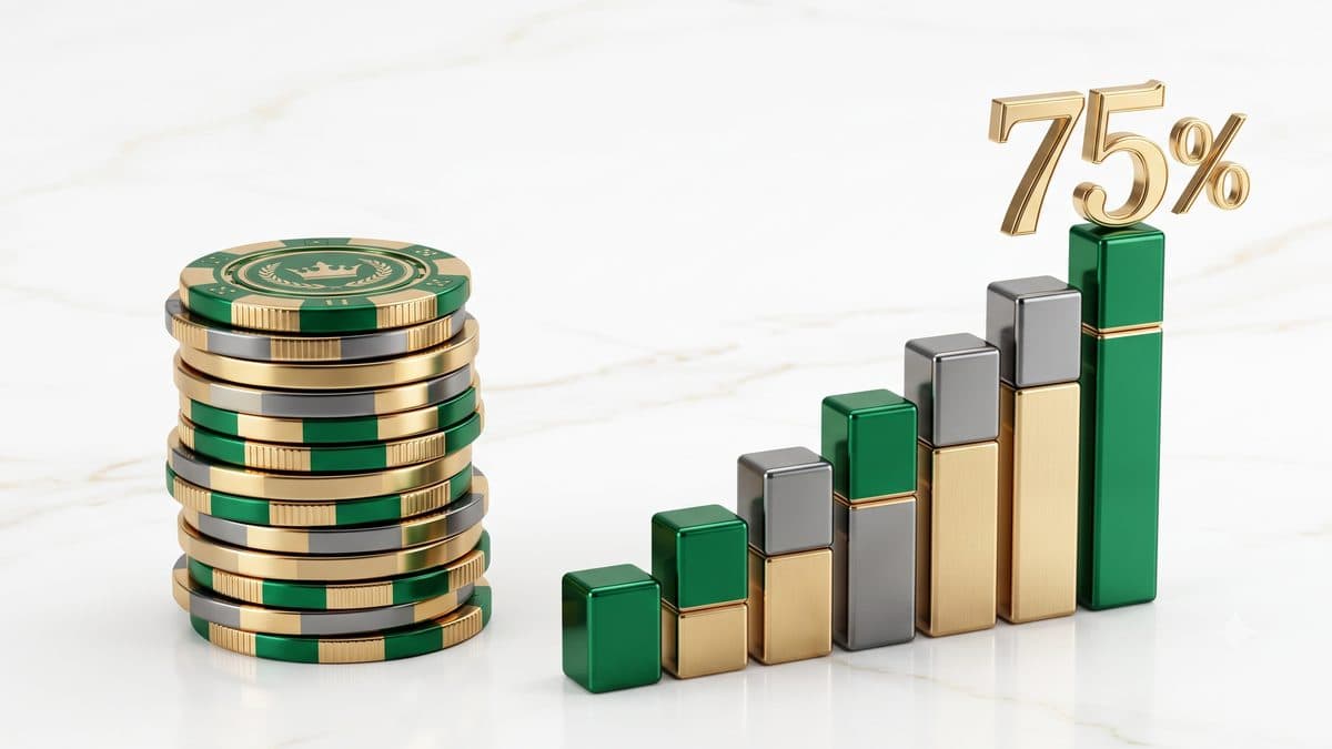 Rakeback Madrid KYC: fichas de casino y gráfico de crecimiento al 75%.