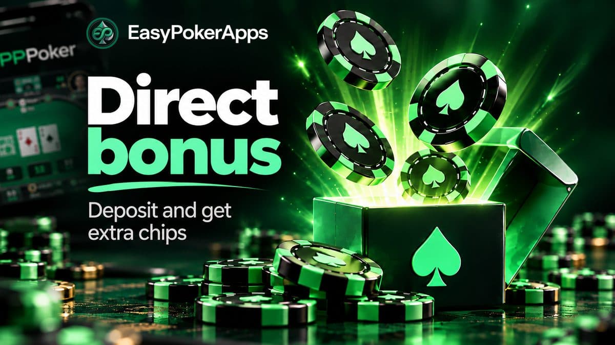Bônus direto EasyPokerApps: fichas de pôquer verdes saindo de uma caixa. Deposite e ganhe fichas extras para ClubGG e PPPoker.