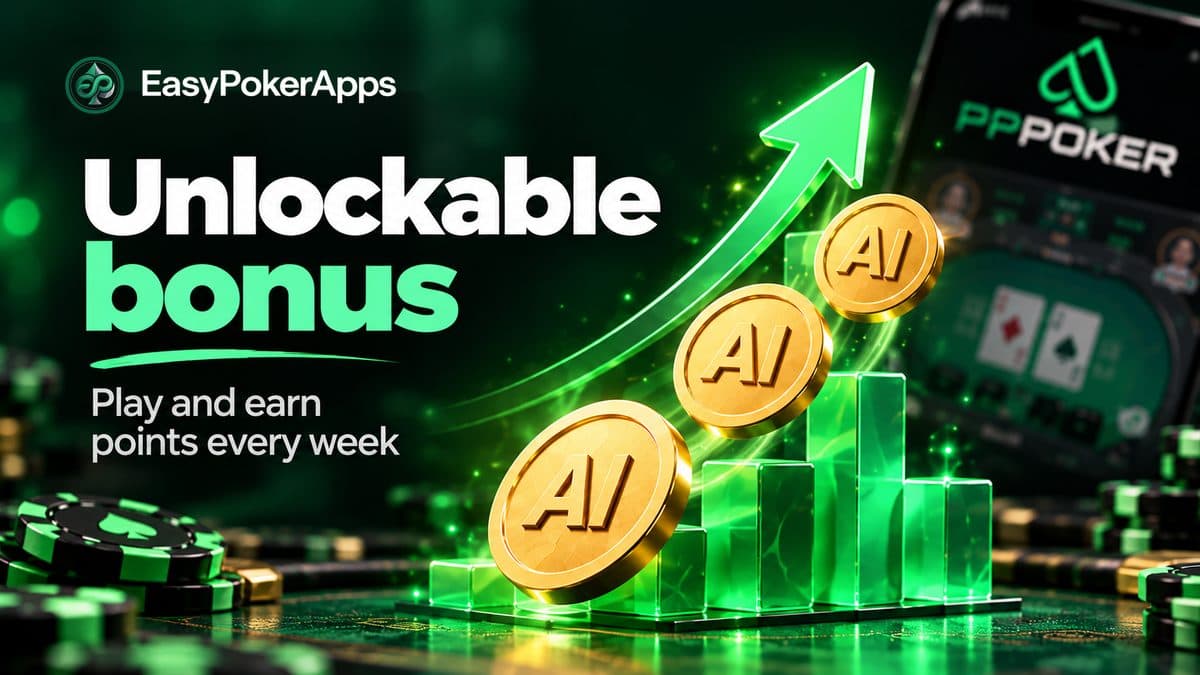Bônus desbloqueáveis e pontos semanais no PPPoker com EasyPokerApps, com fichas de pôquer e moedas.
