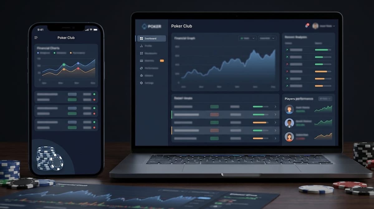 Dashboard de Poker Club en laptop y móvil. Gráficos financieros, rendimiento de jugadores y fichas de poker. Apps de poker.