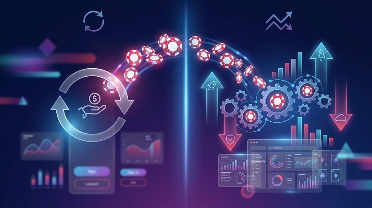 Concepto digital de action, tax y rebate para apps de póker: fichas, dinero, métricas y optimización financiera.