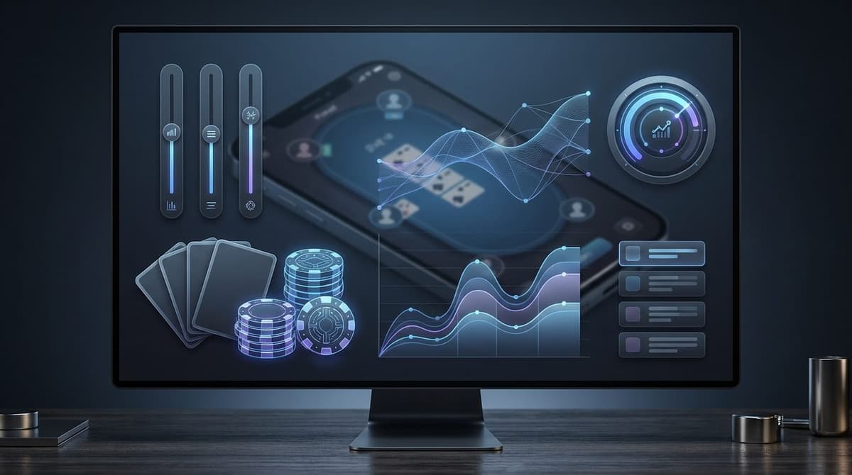 Pantalla con app de poker, cartas, fichas y gráficos de datos. Esencial para Action, Tax y Rebate en apps de poker.